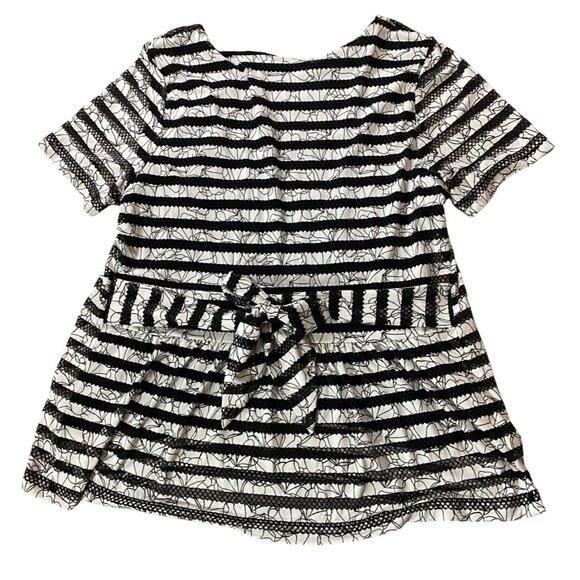 Alfani Black White Stripe Lace Floral Short Sleeve Tunic Top Ties in Back Large - Picture 2 of 10